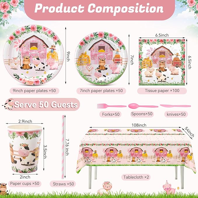 Ceenna 452 Pcs Pink Farm Animal Birthday Party Decoration for 50 Guest, Pink Farm Barnyard Paper Plates Napkins Cups Tablecloth Cutlery Straw for Baa Moo Im Two Birthday Baby Shower Party Supply
