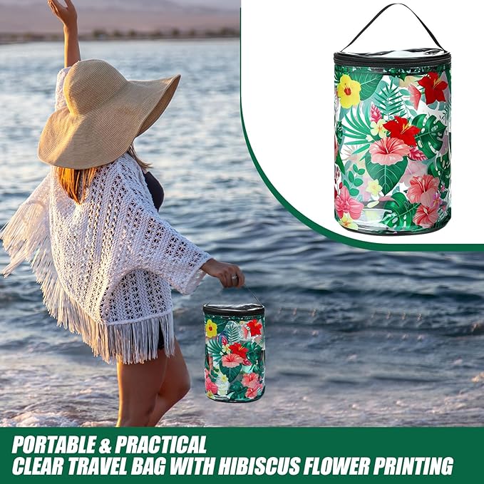 Sanwuta Beach Gifts Heavy Duty Clear Lotion Toiletry Bags for Travel Sunscreen Makeup Cosmetic Pouch Cylinder Bag Waterproof Portable Trip Bag with Handle Zipper(Hibiscus Flowers)