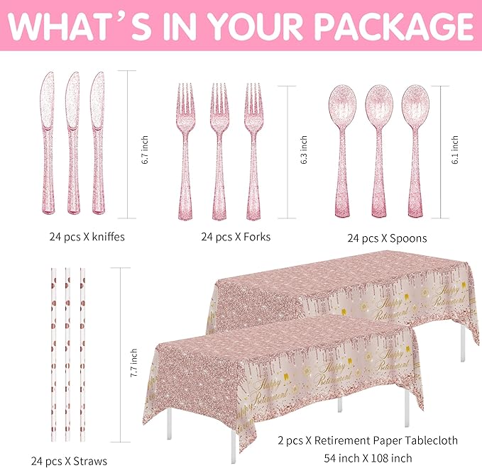 APOWBLS Retirement Decorations For Women, Rose Gold Happy Retirement Party Decorations Supplies Tableware, Paper Plate, Cup, Napkin, Tablecloth, Cutlery, Serve 24