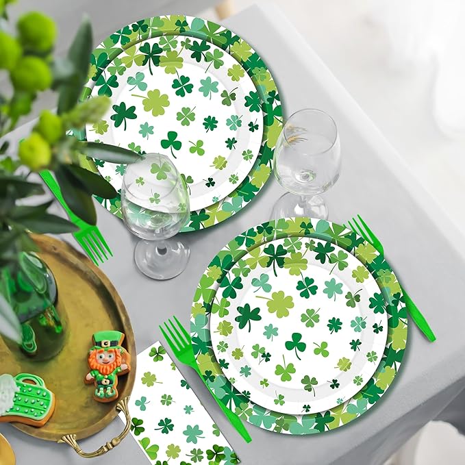 QZYL 120 PCS St Patricks Day Plates and Napkins, Disposable St Patricks Day Decor, 30 Sets Green Paper Plates Forks Dinner Plates Dessert Plates Shamrock Napkins, St Pattys Day Decorations