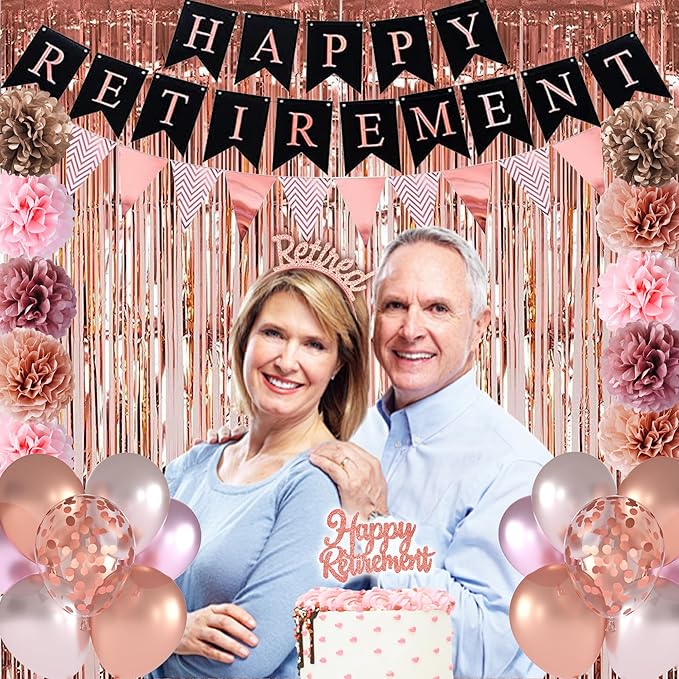 67 PCS Happy Retirement Party Decorations Rose Gold Women Banner Foil Balloons Cake Toppers Pompoms Retired Sash for Retirement Party (Rose Gold)