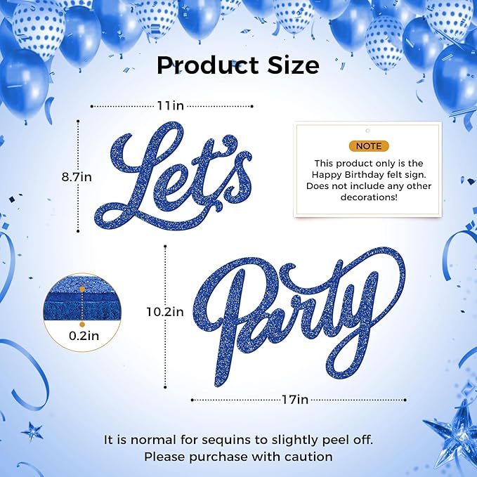 Babenest Let's Party Felt Sign, Flash Royal Blue Reusable Glitter Letter Banner for Backdrop, Balloon Arch Decor, Party Supplies for Graduation, Birthday, Wedding, Bachelorette, Christmas, Home Bar, Man Cave Wall Decorations