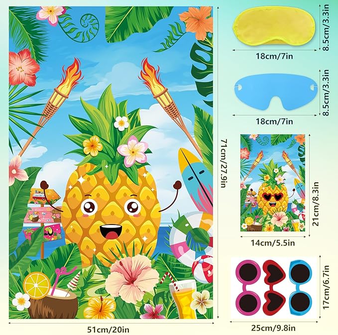 Hooqict Luau Party Game for Kids Pin the Sunglasses on the Pineapple for Summer Tropical Tiki Luau Party Supplies Decorations, Large Hawaiian Pin The Tail Game Poster with 27 Pineapple Stickers