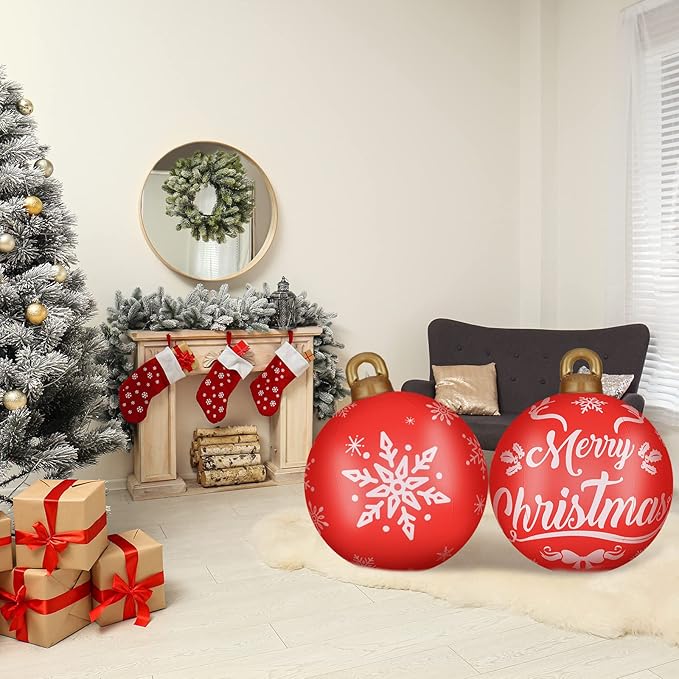 2 Pieces 32 Inch Giant PVC Inflatable Christmas Decorated Ball Ornaments Outdoor Large Xmas Blow Ball Decorations for Christmas Themed Party Ornaments(Merry Words,Red White)