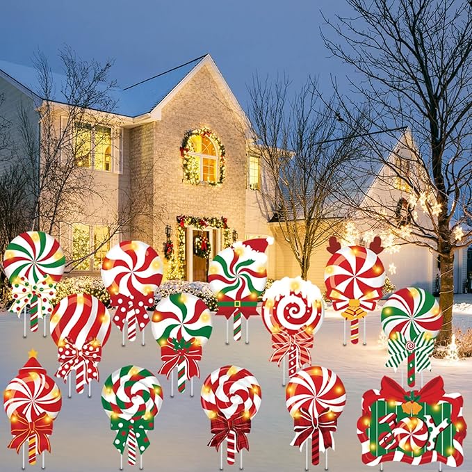 JOICEE 13pcs Christmas Outdoor Yard Signs Candy Decorations with LED Lights, Peppermint Lollipop Candy Signs with Stakes for Holiday Party Home Lawn Pathway Decorations Supplies