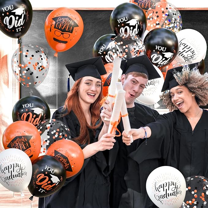 OuMuaMua 75 Pack Graduation Party Decorations Balloons Set - 12" Black White Orange Graduation Balloons Black Orange White Confetti Latex Baloons for Class of 2026 Grad Birthday Party Decor Supplies