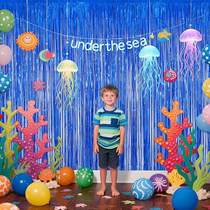 Navy Blue Foil Fringe Backdrop for Party Wall Decorations, Streamer Birthday Photoshoot Background - 3.28 x 6.56ft Tinsel Curtains for Doorway, Baby Shower & Wedding