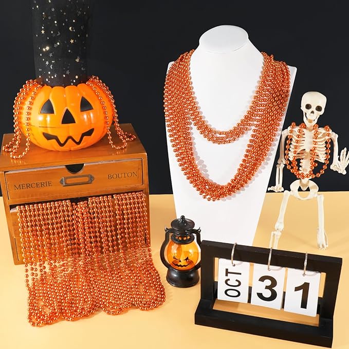 SHAOQINLIN 50 PCS Orange Bead Necklace, Orange Mardi Gras Beads, Halloween Necklaces, 33 Inch Party Beads Necklace Round Beaded Necklace for Mardi Gras, Christmas, Halloween