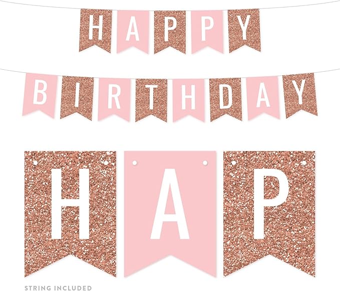 Andaz Press Hanging Pennant Banner Party Decorations, Rose Gold Glitter, Blush Pink, Happy Birthday, 1-Pack, Approx. 5-Feet, Girl's 1st Birthday Sweet 16 Mis Quince Themed Decor