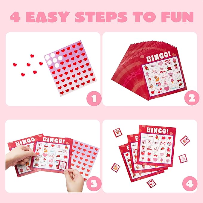 JOYIN Valentines Day Bingo Game Cards (5x5) – 28 Players for Kids Party Gift, School Classroom Love Supplies, Family Entertainment Activities