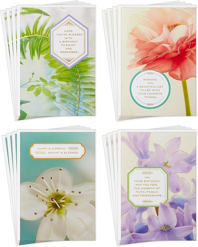 Hallmark Spiritual Birthday Card Assortment (16 Floral Cards with Envelopes, 4 Designs) Bright and Blessed