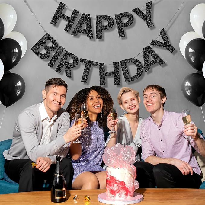 Happy Birthday Banner - 9ft Pre-Strung Happy Birthday Sign for Women, Men, Girls, Boys - No DIY Birthday Decorations & Party Supplies(Black Glitter)