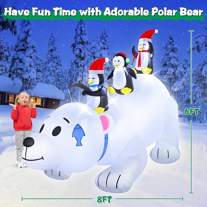 FunFanso 8 FT Christmas Inflatable Polar Bear with Penguins Outdoor Yard Decorations, Blow up 3 Penguins Fishing on Big Polar Bear with Bright LED Lights for Indoor Xmas Decor Outside Garden Lawn