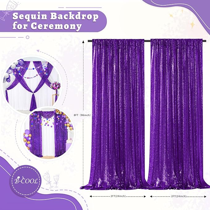 B-COOL Purple Sequin Backdrop Curtains 2 Packs 2ftx8ft Sparkle Backdrop Fabric Glitter Backdrop for Party Ceremony Wedding Birthday Decoration