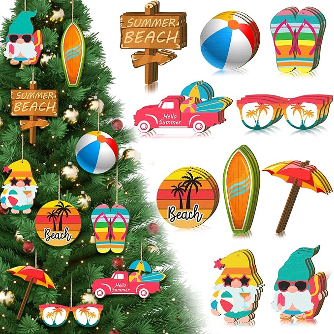 Chunful 30 Pieces Summer Tree Ornaments Christmas in July Wood Hanging Decoration Beach Wooden Slices Winter Tree Ornaments with String for Luau Hawaiian Party Supplies (Beach Style)