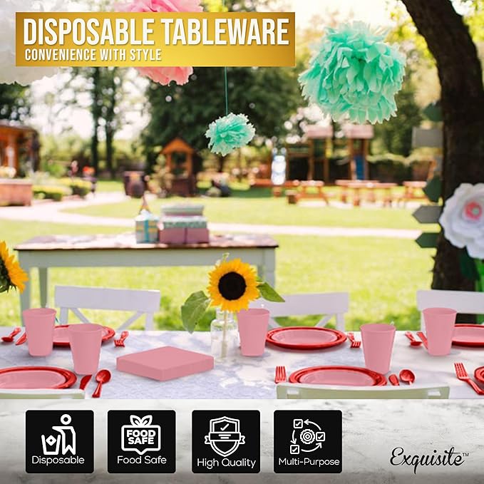 Party Solids 350 Pieces Valentines Plastic Plates For Party, Valentines Disposable Plates Set, 50 Of Each 9" Dinner Plate Set, 7" Dessert Plate, Cups, Napkins & Cutlery Plastic Dinnerware Set
