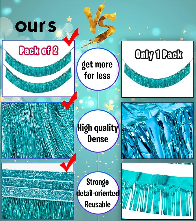 2 Pack Premium Lake Blue Fringe Tassel Banner for Party Decoration, Thick Metallic Foil Tinsel Garland Streamer for Birthday Wedding Bachelorette Holiday Home Hanging Decor