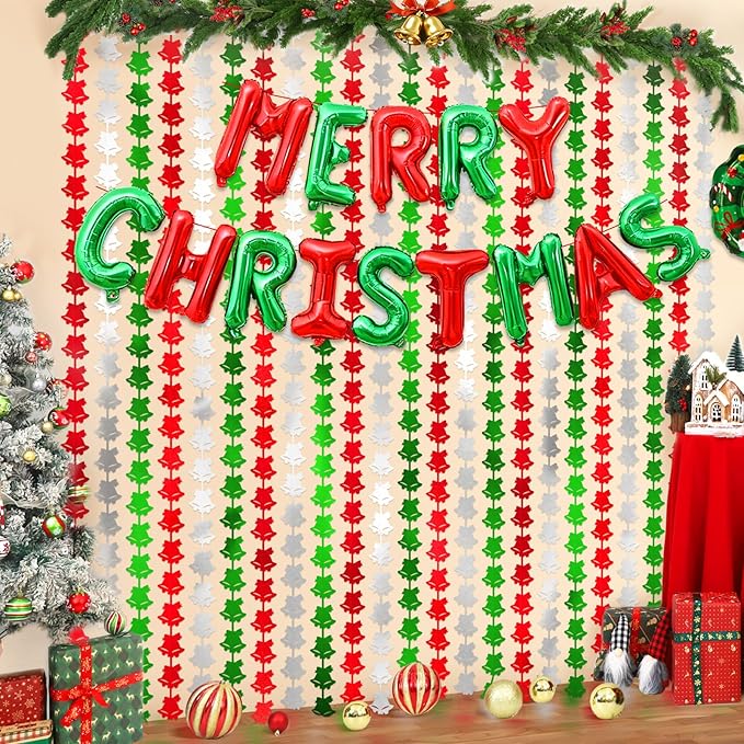 2Pack Christmas Foil Fringe Curtains with Merry Christmas Balloons, 3.3 x 6.6Ft Bell Backdrop Tinsel Photo Booth Props Streamers for New Year Ugly Sweater Xmas Party Decorations Supplies