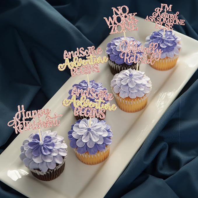 Gyufise 30PcsHappy Retirement Cupcake Toppers Officially Retired Cupcake Picks No Work Zone Adventure Begins Cake Decorations for Retirement Theme Farewell Birthday Party Decor Supplies Rose Gold
