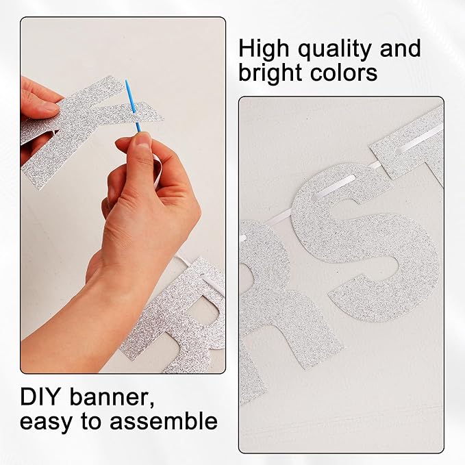 BEISHIDA 116 PCS A-Z DIY Letter Banner Kit Make Your Own Banner Glitter Silver Including 111 Letters and Numbers 3 Rope and 2 Threading Device,Customized for Birthday Graduation Wedding Party Decor