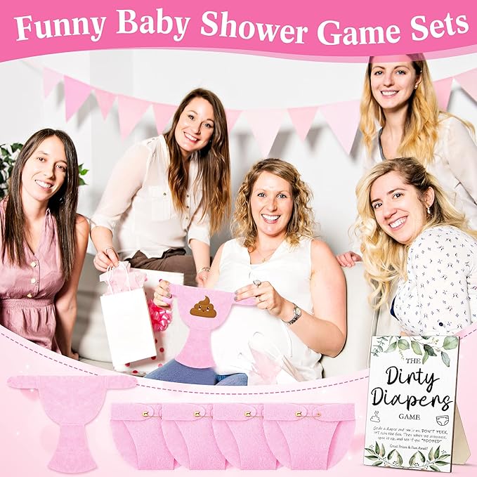Roowest 51 Pcs Dirty Diaper Baby Shower Games Funny Wooden Sign with 50 Pcs Mini Diapers Cute Felt for Gender Reveal Party Baby Shower(Greenery Pink)