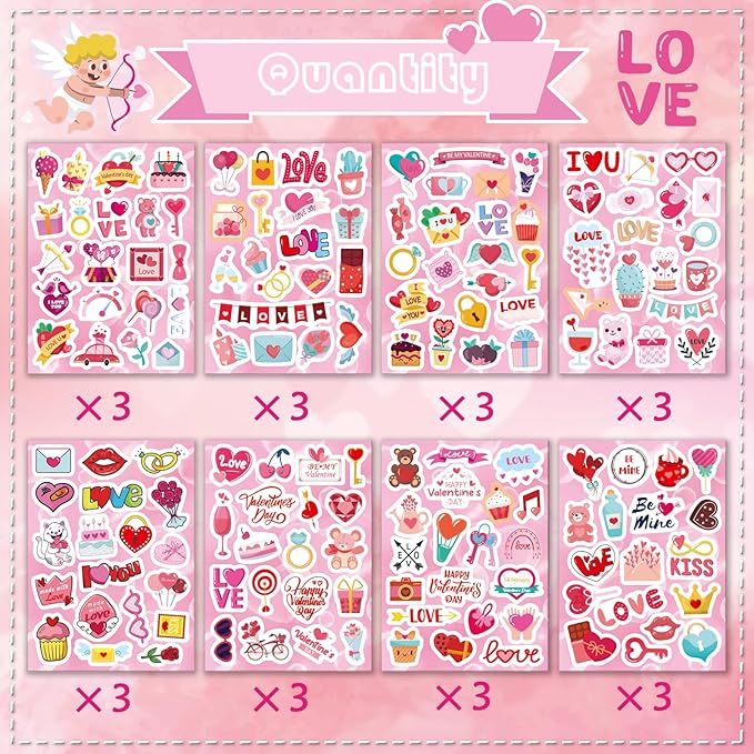 DUJAA 465PCS Valentine Stickers - Valentines Stickers for Kids Love Stickers Kawaii Heart Stickers Valentine's Day Theme Stickers Party Favors Gifts Decorations Supplies