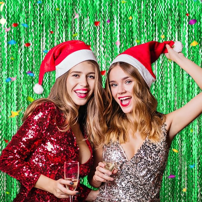 4 Pack Green Wave Foil Fringe Curtain Backdrop, 3.28Ft x 8.2Ft Metallic Tinsel Foil Fringe Streamer Curtains for Photo Booth, Mother's Day, Easter, Birthday, Wedding Party Decoration