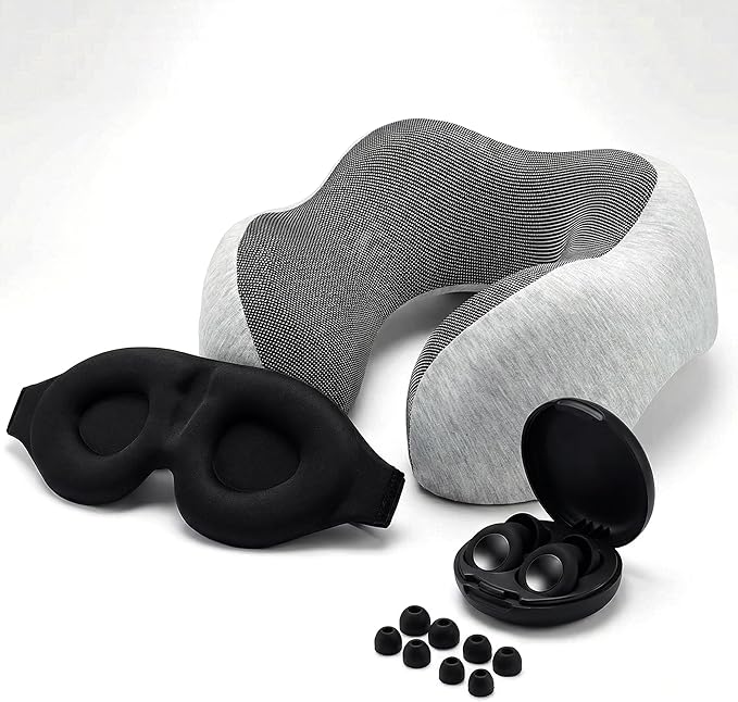 Must-Have Travel Kit Memory Foam Neck Pillow with Adjustable Fit & Removable Cover, 100% Light-Blocking Eye Mask, Reusable Noise-Reducing Earplugs, & Storage Bag Perfect Travel Essentials Set