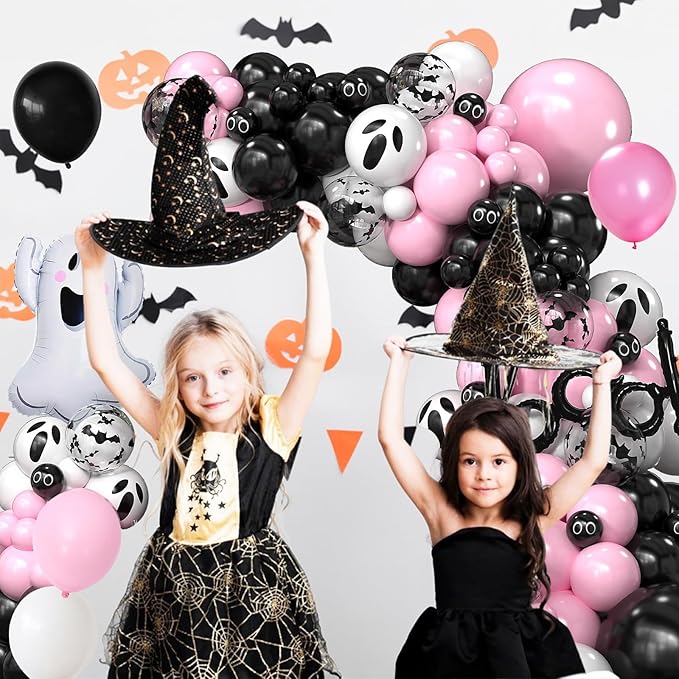 Halloween Balloon Arch Kit, Black Pink Balloons Garland Arch Kit with Large Ghost and BOO Foil Balloon, Eyes Bat Ghost Printed White Balloons For Halloween Decorations Home Garden Party Supplies