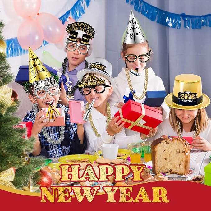 MOVINPE 2026 New Years Eve Party Supplies Bulk - Gold Black Slivery Top Hats, Cone Hats, Tiara, Glasses, Bead Necklace, Leis, Horns, Blowouts, Noiese Makers, New Year's Party Favors Event Supplies