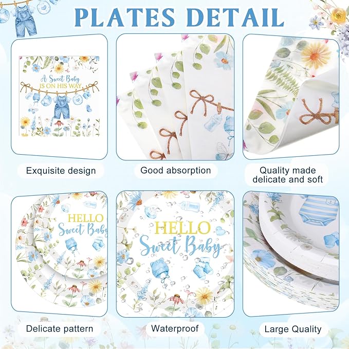 Pickmesh 194 Pcs It's a Boy Sweet Baby Shower Decorations for 24, Spring Blue Floral Baby Shower Paper Plates and Napkins Cups Tablecloth Cutlery for Gender Reveal Party Supplies