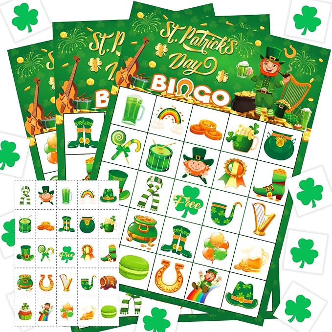 JGCWorker St. Patrick's Day Bingo Game - Fun Party Supplies for Kids Adults, 24 Players, Festive Irish Themed Craft Cards for School Classroom, Family Activities, and St. Patty's Party Favors