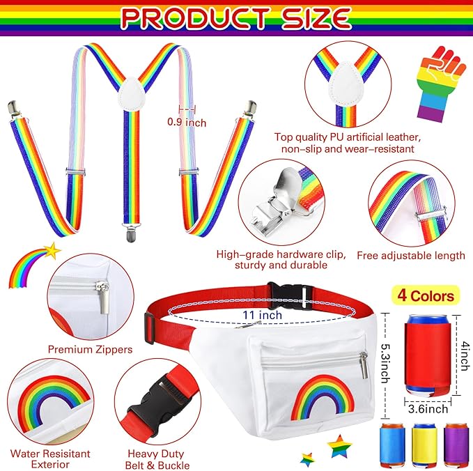 Sweetude Pride Accessories Gay Rainbow Fanny Pack White Outfit Beverage Beer Belt Costume Set with Drink Holder Sunglasses Striped Sweatband Women Men