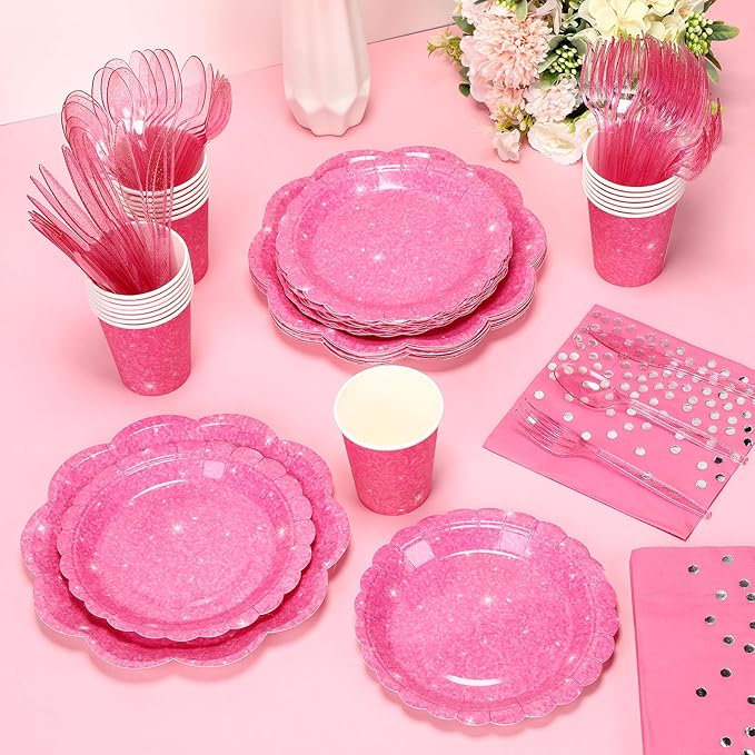 Hushee 175 Pcs Hot Pink Holographic Print Party 25 Guests Disposable Dinnerware Set Include Paper Plates, Napkins, Paper Cups, Plastic Tableware for Birthday Party