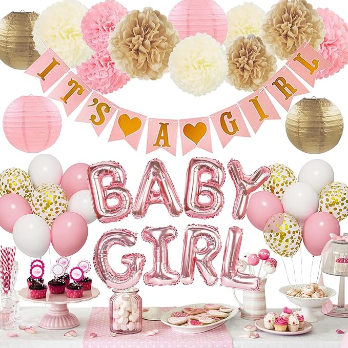 Ouddy Party Pink Baby Shower Decorations for Girls with Its a Girl Banner, Baby Girl Letter Pink Gold Confetti Balloons Paper Pom Poms for Baby Shower Gender Reveal Party Supplies