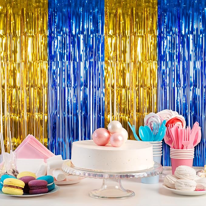 LOLStar Graduation Party Decoration, 2 Pack Blue and Gold 3.3x6.6 ft Foil Fringe Curtains, Tinsel Backdrop, Graduation Photo Booth Prop Streamer Backdrop for Class of 2026, Prom and Grad Party Decor