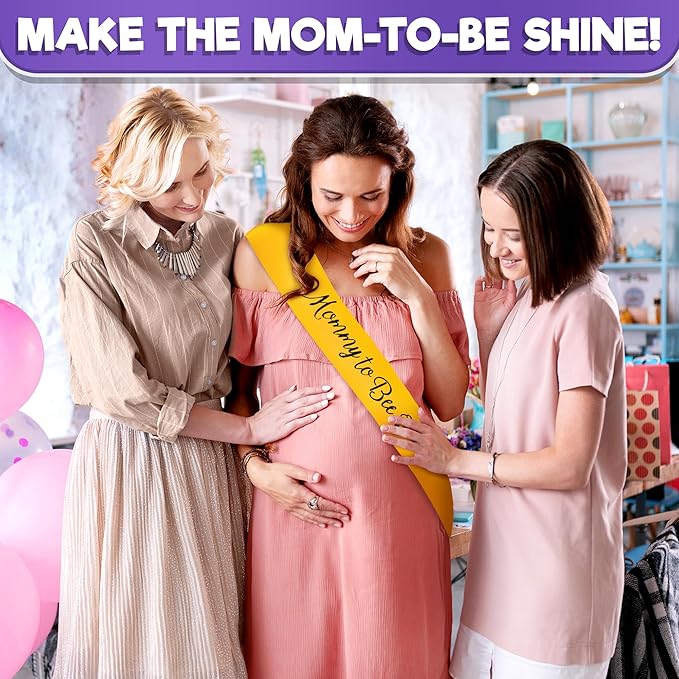 Yellow Mommy to Bee Baby Shower Decorations - Beautiful Gold Mom to Be Sash Baby Shower with Dad to Be Pin for Gender Reveal - Cute, Easy to Wear Mom Sash with Elegant Bee Design for Boys & Girls