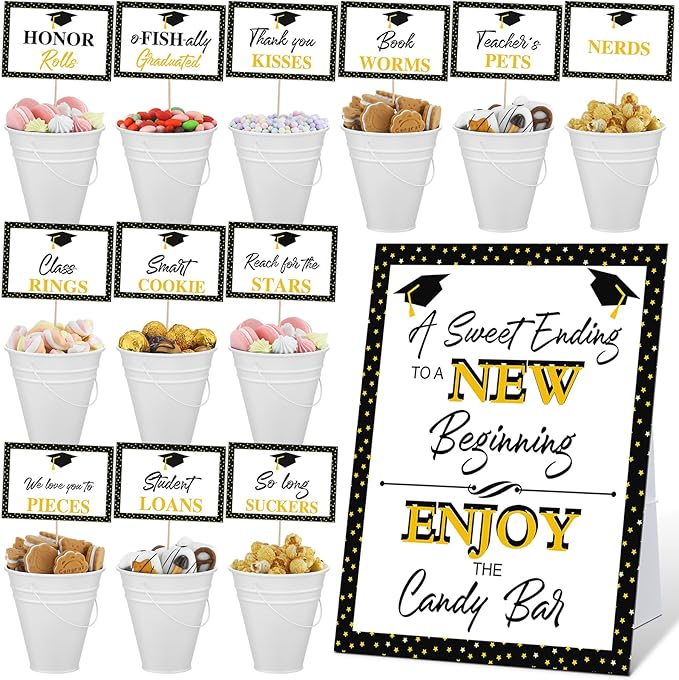 12 Set 2026 Graduation Candy Buffet Party Decoration Graduation Table Candy Bar Snack Labels Signs and 5'' Buckets with Handle for Class of 2026 Party Parties Supplies(Star Style,White)