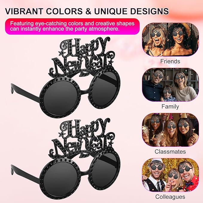 Happy New Year Metallic Glasses Shiny 2026 Party Eyeglasses for Adults & Kids Fun NYE Accessories & Photo Booth Props
