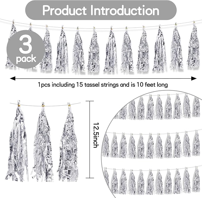 BEISHIDA 3 Packs Silver Metallic Foil Fringe Tassel Garland, Tassels Banner Streamers for New Year Silver Wedding Engagement Graduation Birthday Bridal/Baby Shower Christmas Holiday Party Decoration