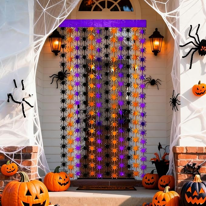 Halloween Party Decorations,2 Pack Orange Purple Black Spider Metallic Foil Fringe Curtains, 3.3 X 6.6 Ft Photo Booth Props Streamers Backdrop for Halloween Party Supplies Haunted House Decor
