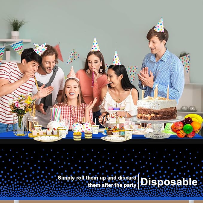 4 Pack Black and Blue Tablecloth Party Decorations Plastic Black Tablecloth Printed Blue Table Runner 54 x108 Inch Disposable Rectangle Table Cover for Birthday Wedding Graduation Anniversary