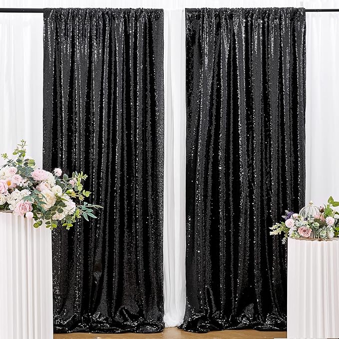 B-COOL Black Sequin Backdrop Curtain Sequin Background Fabric Drapes 2 Panels 2FTx8FT Photography Backdrop for Birthday Wedding Party Stage Photo Booth Decoration