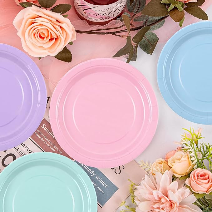 200 Pcs Pastel Rainbow Disposable Dinnerware Set, Macaron Color Paper Plates Cups Napkins Plastic Forks Knives Spoons, Pastel Party Tableware Serves 25 Guests