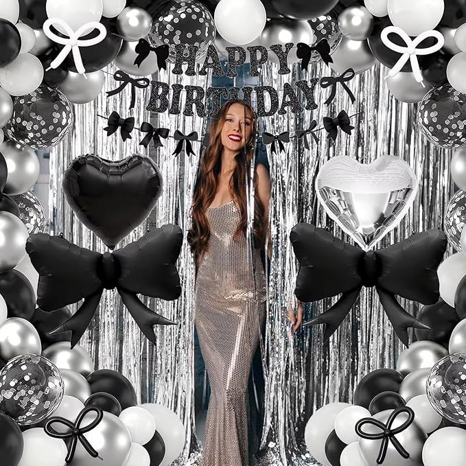 Black Bow Birthday Decorations, Coquette Bow Black and White Silver Balloons with Happy Birthday Banner Fringe Curtain Cake Toppers for Women Girls Baby Shower Party Supplies