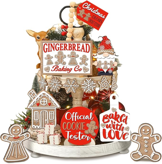 15 Pcs Christmas Tiered Tray Decor Christmas Gingerbread Wooden Signs Farmhouse Xmas Tiered Tray Decorations Set Gingerbread Wood Table Decor for Xmas Winter Holiday Kitchen Home