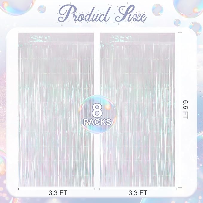 8 Pack White Party Streamers Backdrop Curtains, 3.3x8.2ft Holographic Tinsel Foil Curtain Photo Booth Props for Birthday, Wedding, Holiday Celebration, Bachelorette, Theme Decorations