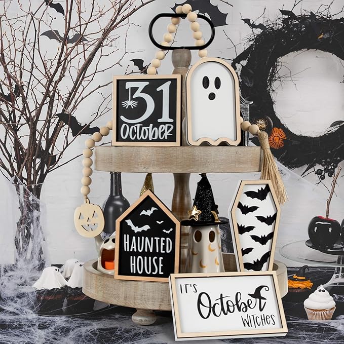 DAZONGE Halloween Decorations | 6PCS Halloween Tiered Tray Decor | Bat Coffin, Haunted House, Ghost, Witches, October 31 Sign, Bead Garland | Halloween Decor | Halloween Centerpiece for Table Shelf