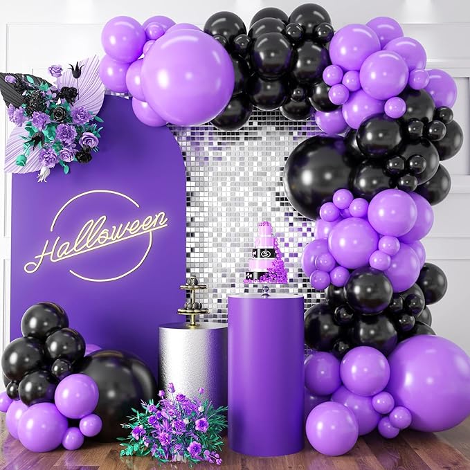 Purple and Black Balloon Garland Arch Kit, Black and Purple Balloon Garland Kit, 100 Pcs Latex Balloons Different Sizes 18/12/10/5 inch for Graduation Wednesday Themed Party Decorations