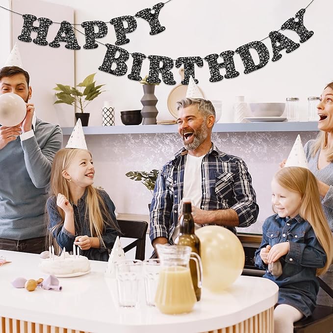 Glitter Black Happy Birthday Banner Birthday Party Decorations Sign Garland Bunting Banner for Wall Decor Party Background for Kids Boys Girls Adults